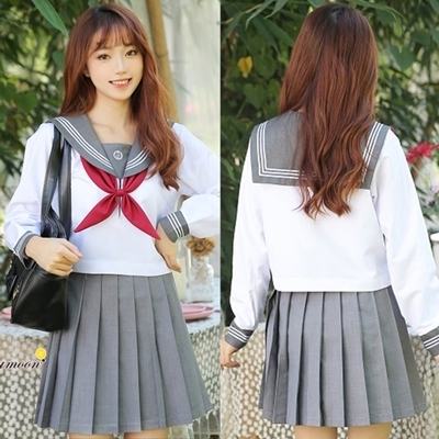 <malymoon>赤リボン長袖セーラー服(グレー)